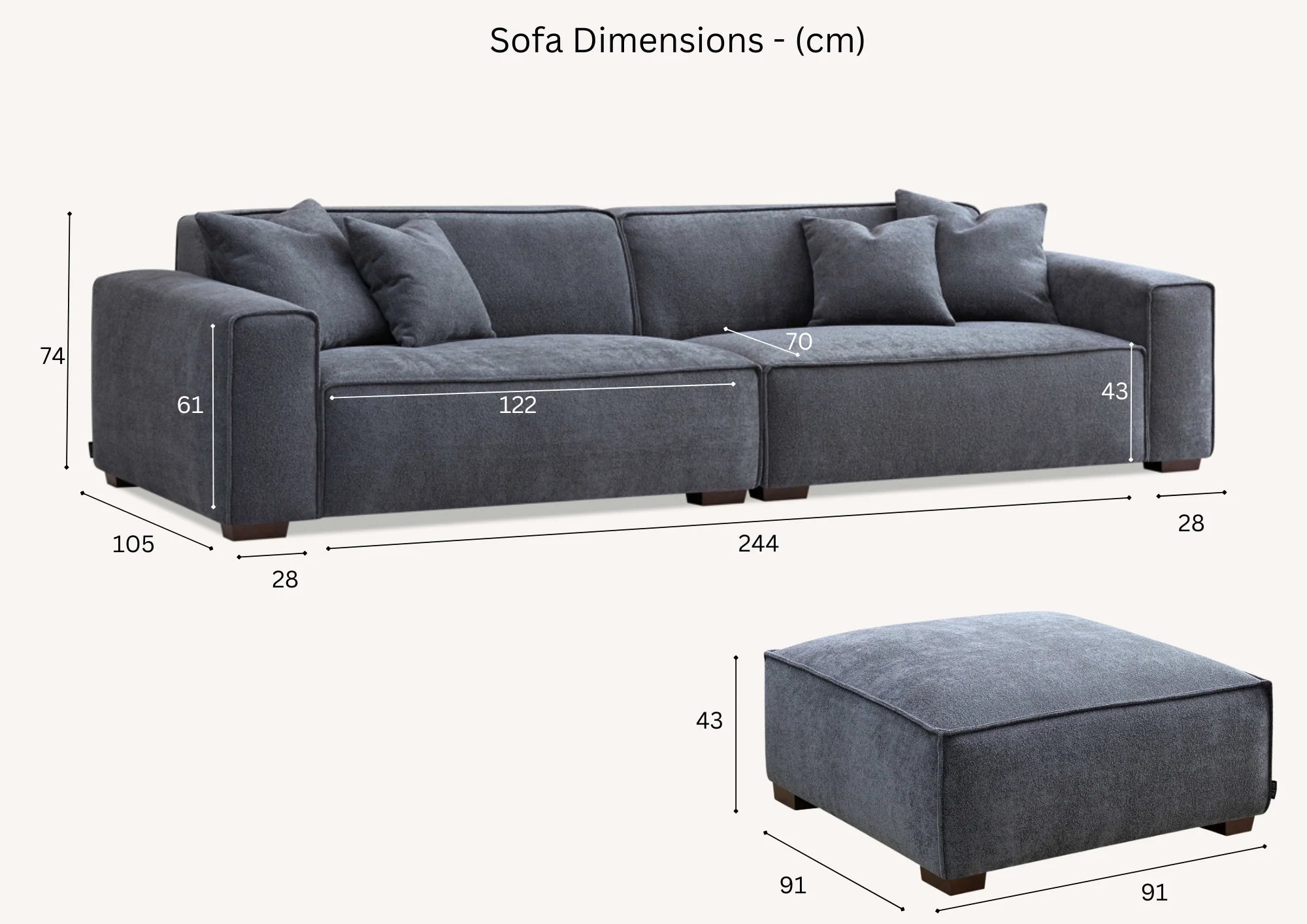 Dimension of Dakota 4 seater bouclé sofa with chaise in modern luxury living room – feather filled contemporary sofa solid furniture UK