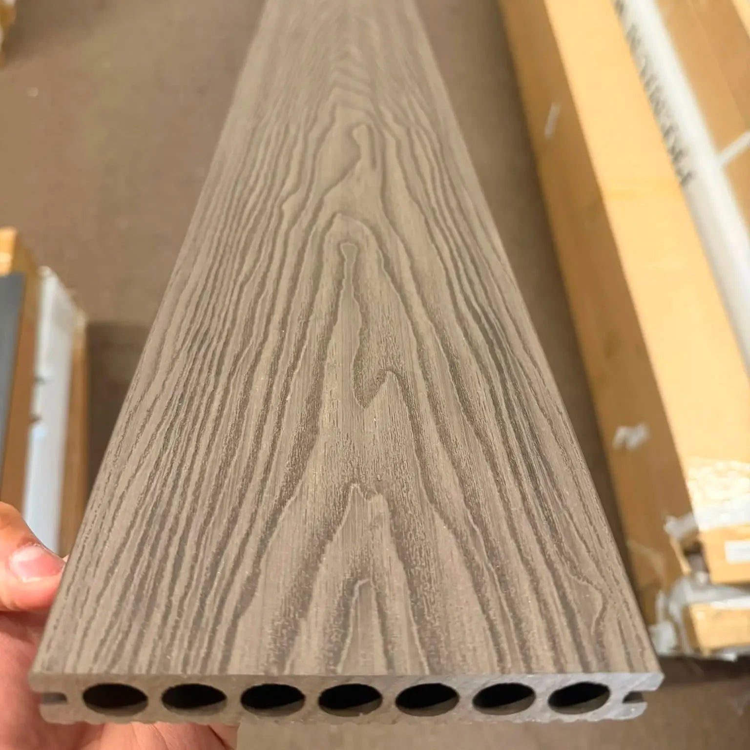 Original dark brown 290cm composite decking boards supplied by Solid Furniture UK
