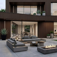 Dark brown composite wall cladding, 16×240cm, pack of 12, decorating an outdoor patio wall by Solid Furniture UK