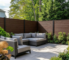 Dark Brown Composite Fence Panels Installed in a Modern UK Garden by Solid Furniture UK