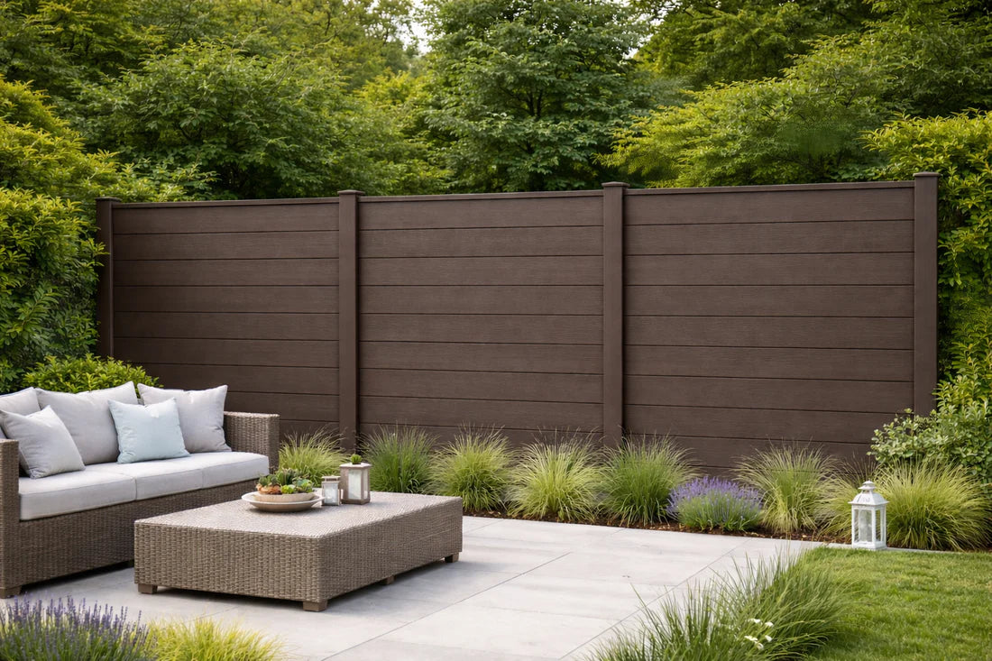 Dark Brown Composite Fence Panels Installed Around a Contemporary Patio Area from Solid Furniture UK
