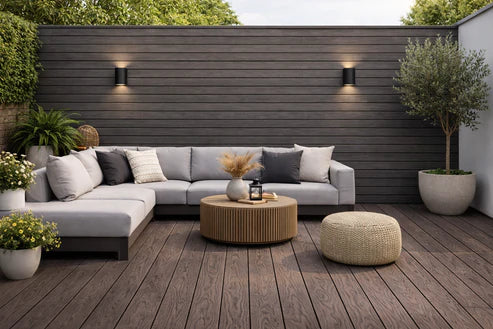 Dark Brown Outdoor Decking panels 15cm x 290cm pack of 4 by Solid Furniture LTD installed in a UK garden, patio, or terrace, showing durable, weather-resistant, low-maintenance finish with elegant natural look