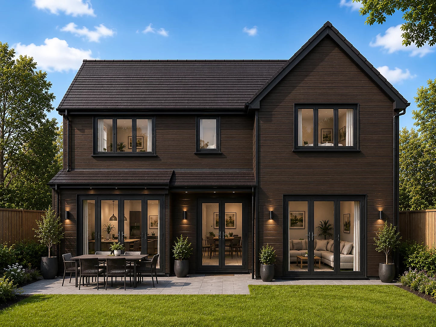 Dark brown outdoor WPC cladding panels installed on the outside of a house by Solid Furniture UK