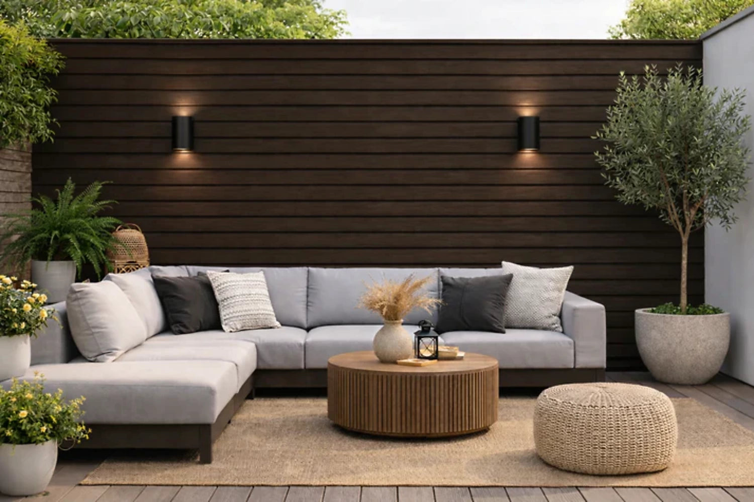 Dark brown waterproof outdoor cladding installed on a garden wall by Solid Furniture UK