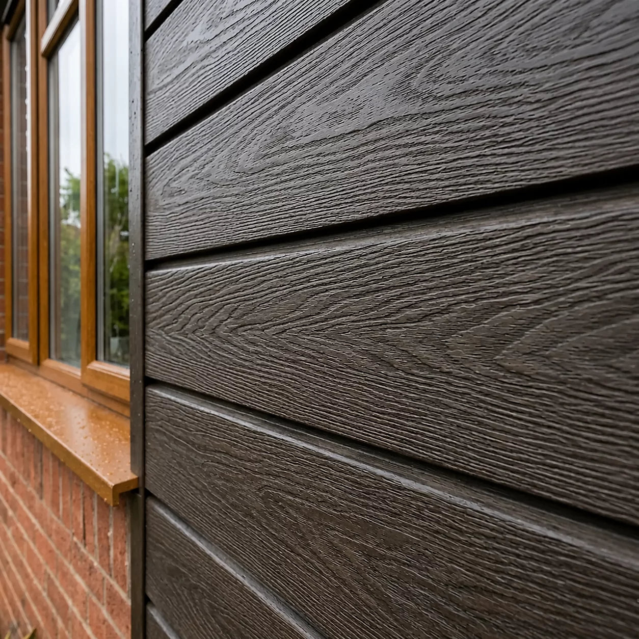 Dark brown waterproof outdoor cladding panels installed on an exterior wall by Solid Furniture UK