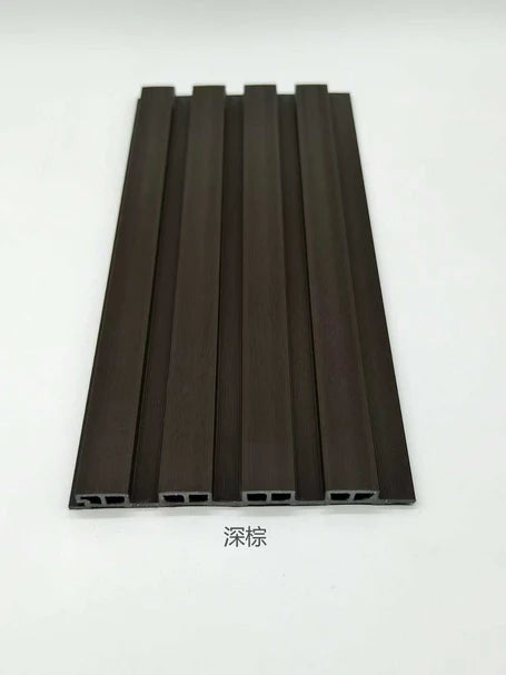 Front view of dark brown WPC outdoor wall panel 180cm and 290cm in the UK by Solid Furniture LTD, displaying deep wood grain texture and modern structured design