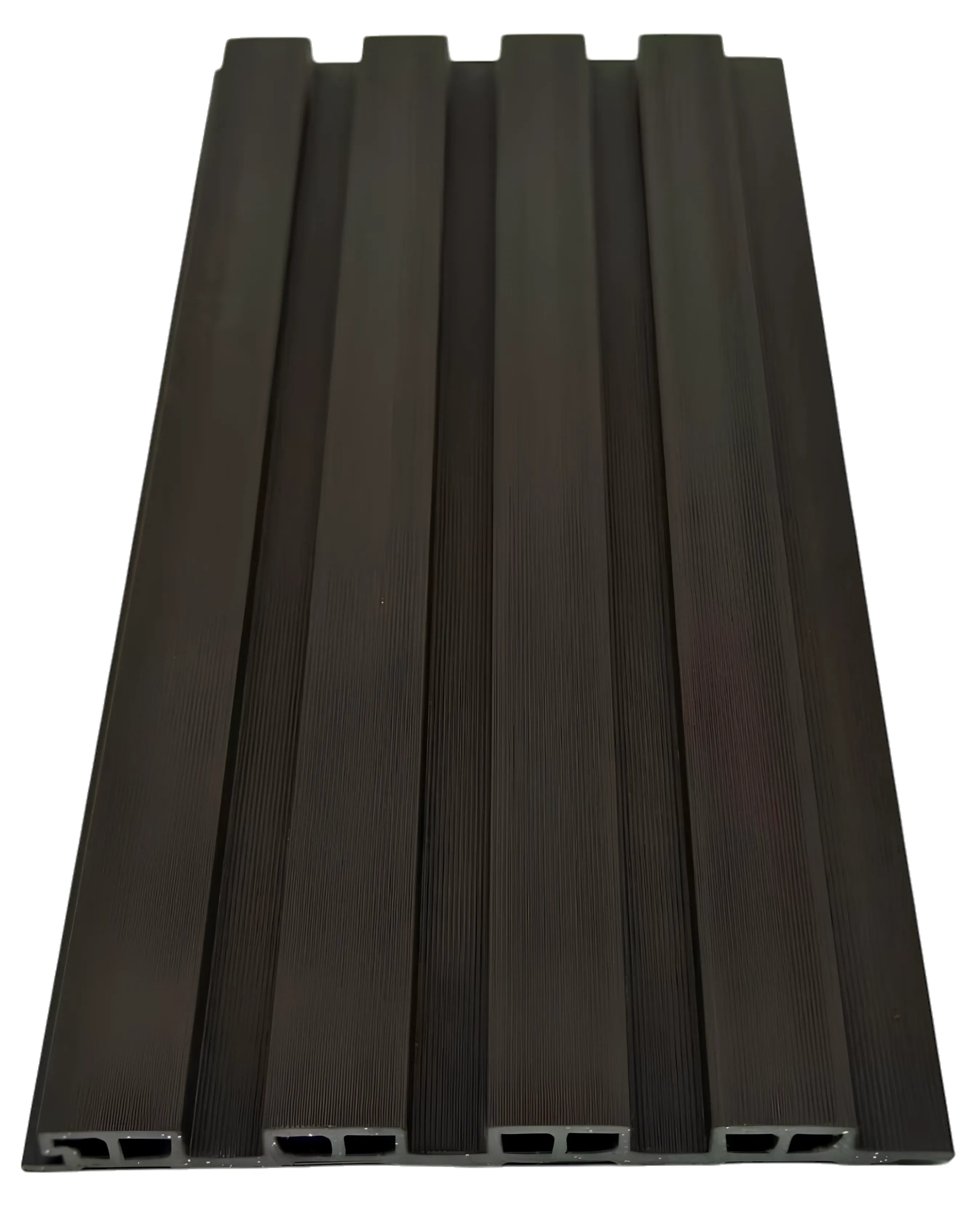 Close-up of dark brown slatted WPC wall cladding, 16×240cm, pack of 12, supplied by Solid Furniture UK