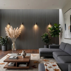Dark grey seamless wood-effect WPC cladding installed on a modern indoor living room wall – Solid Furniture UK