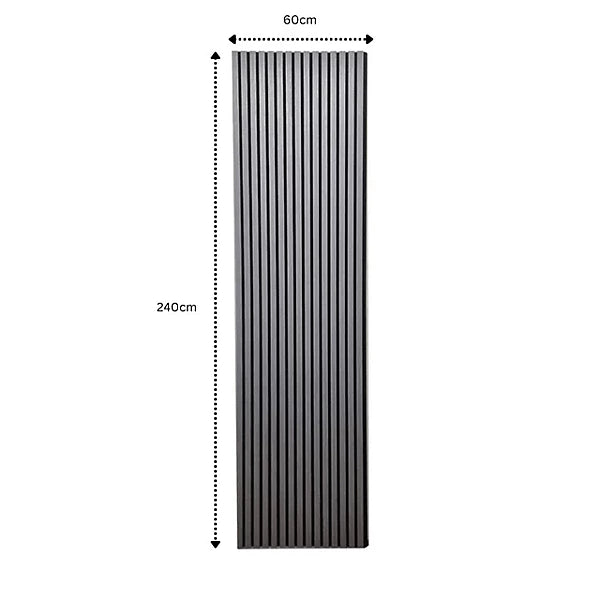 Dark grey wall panels 60x240 by Solid Furniture UK with dimensions marked, showing panel size, slat width, spacing, and depth for installation reference
