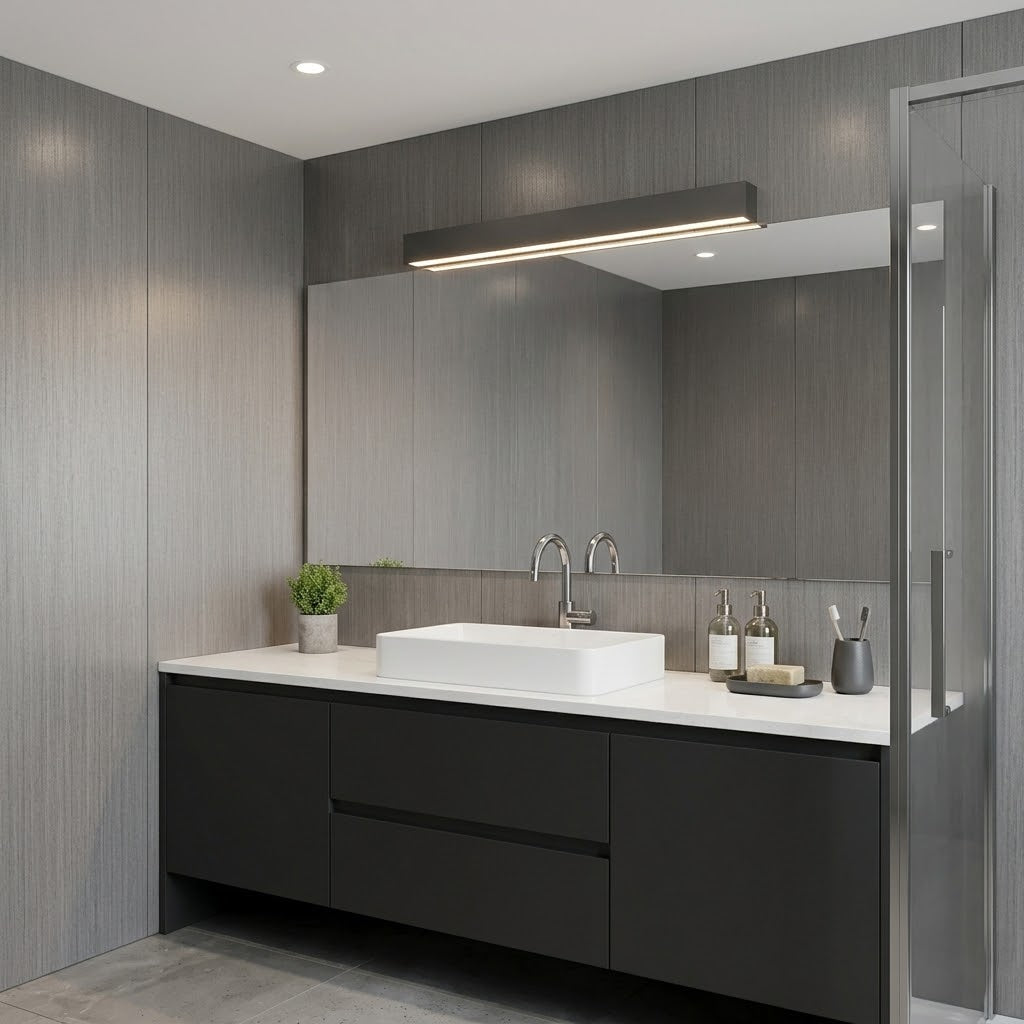 Dark Grey Wood Effect PVC Wall Panels 60×240cm installed in a modern bathroom from Solid Furniture UK