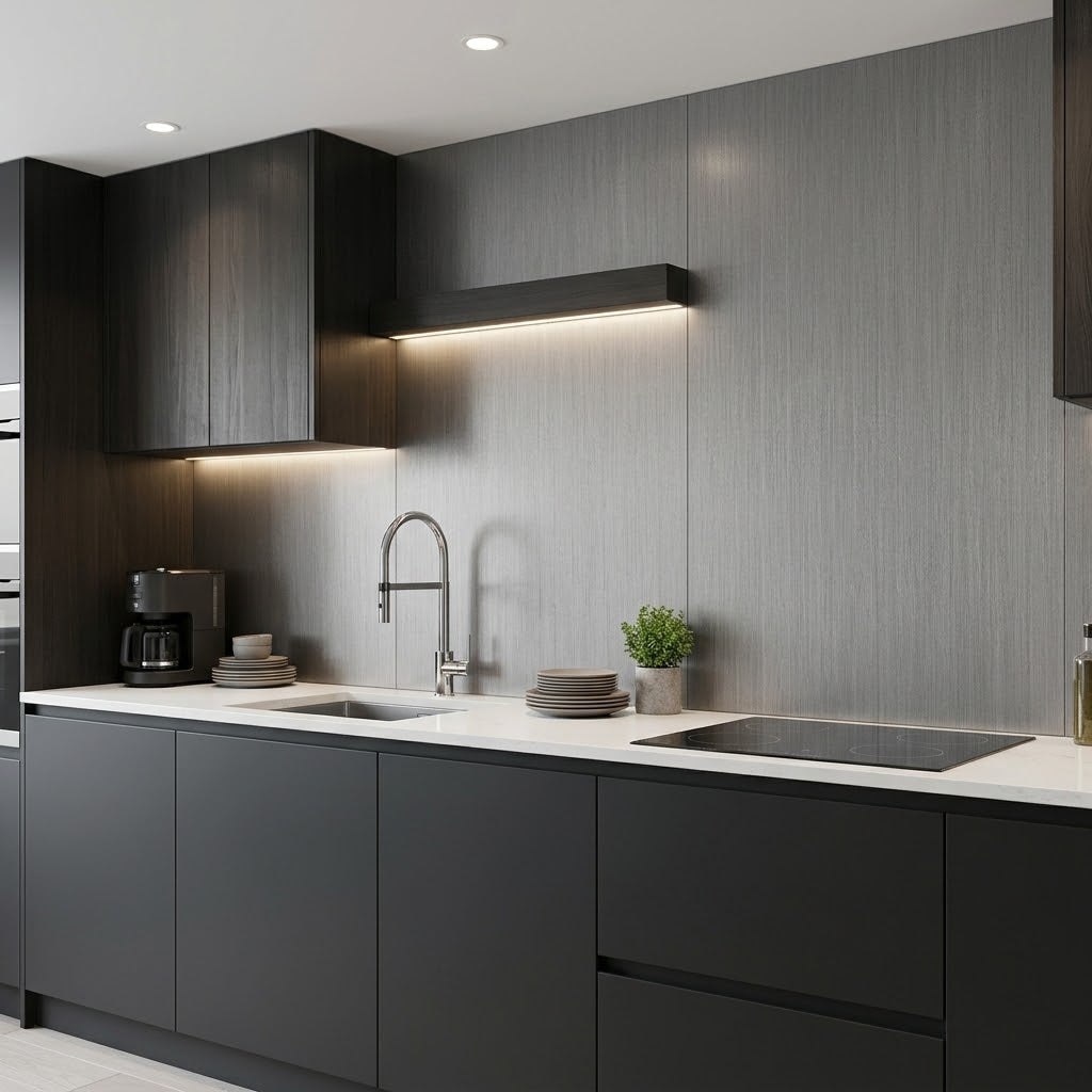 Dark Grey Wood Effect PVC Wall Panels 60×240cm installed in a modern kitchen from Solid Furniture UK