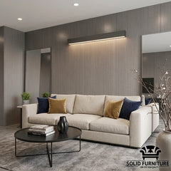 Dark Grey Wood Effect PVC Wall Panels 60×240cm installed on a contemporary living room wall from Solid Furniture UK