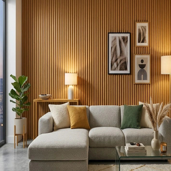 Dark Oak Fluted WPC Wall Panels installed in a modern living room, adding warmth and style by Solid Furniture UK.