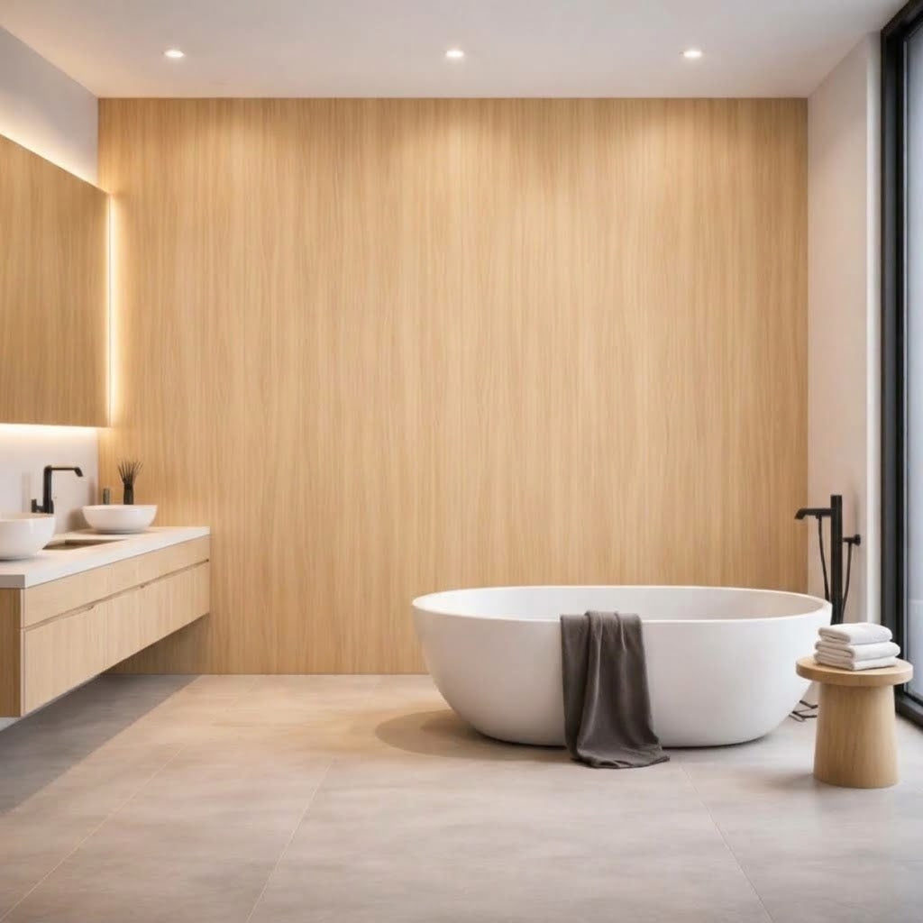 Dark Oak PVC Wall Panels 60×240cm installed in a contemporary bathroom by Solid Furniture UK