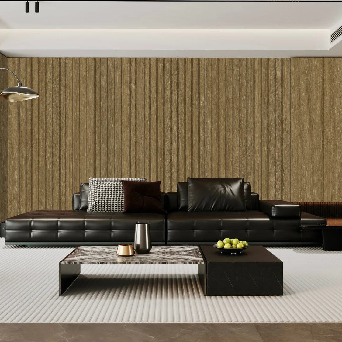 Dark Oak seamless WPC wall panels installed in a modern living room by Solid Furniture UK