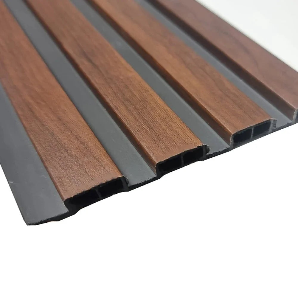 Dark oak waterproof slatted WPC wall panel 15x240cm close-up view – Solid Furniture UK
