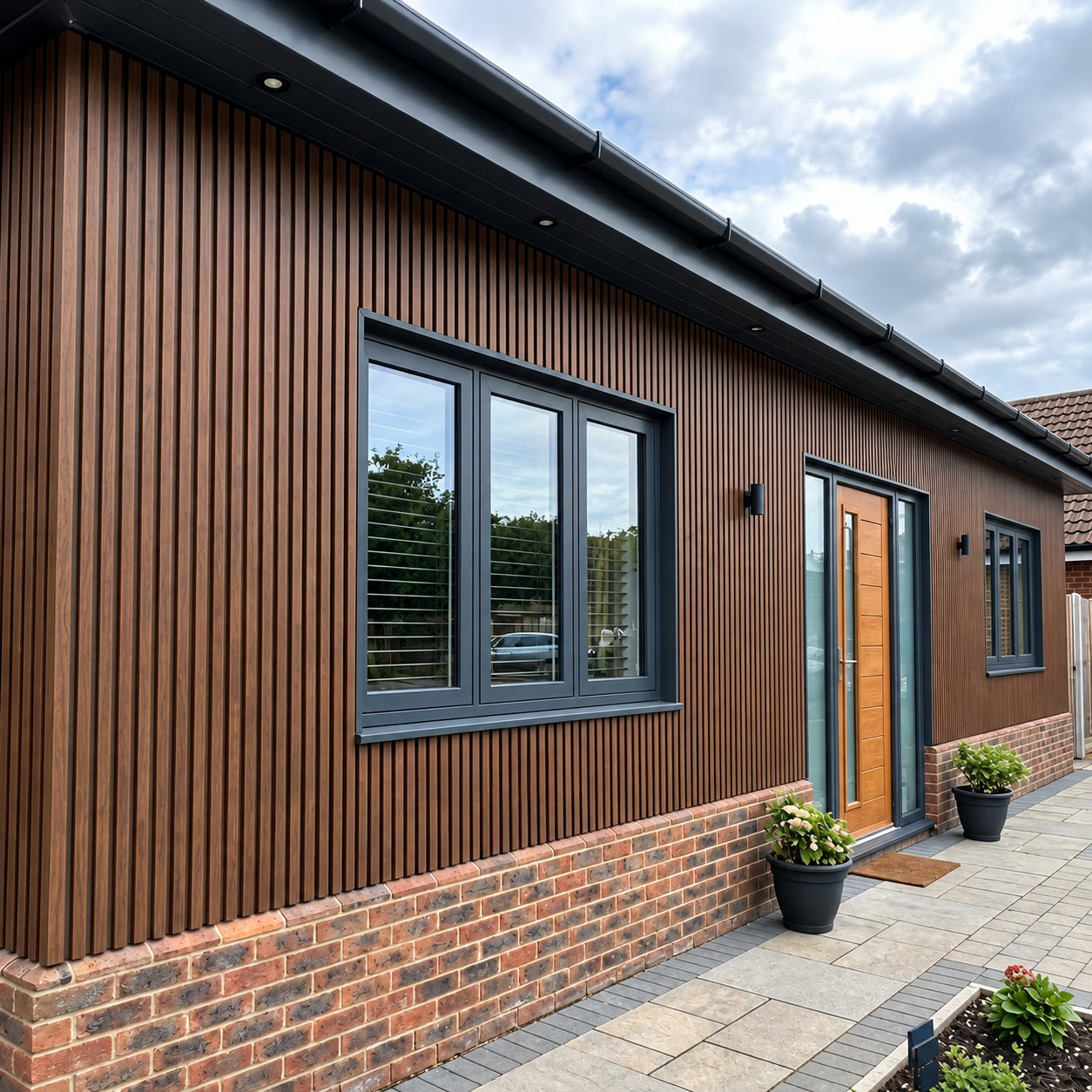 Dark oak waterproof slatted WPC wall panels 15x240cm installed on garden wall – Solid Furniture UK