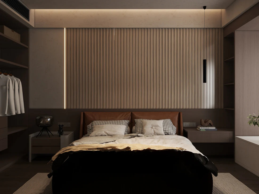 Dark oak WPC waterproof seamless wall panels UK by Solid Furniture UK installed in modern interior room creating a luxury feature wall with warm wood-effect design