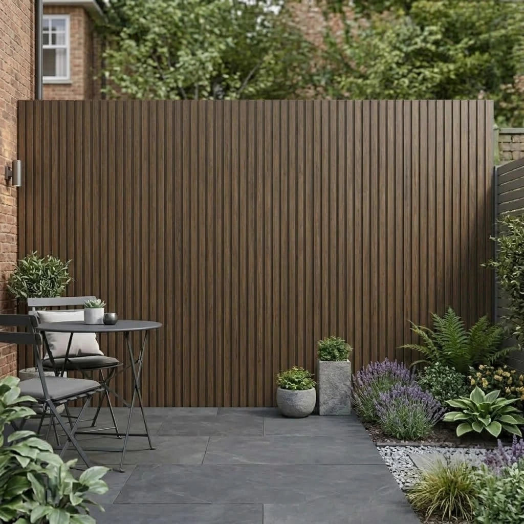 Dark oak WPC slatted wall panel 30x240cm installed on balcony – Solid Furniture UK
