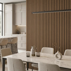 Dark oak WPC slatted wall panel 30x240cm installed in living room – Solid Furniture UK