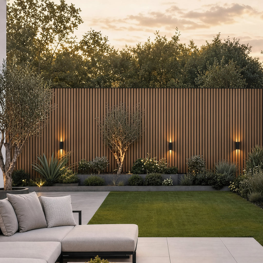 Dark oak WPC slatted wall panel 30x240cm installed outdoors – Solid Furniture UK