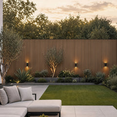 Dark oak WPC slatted wall panel 30x240cm installed outdoors – Solid Furniture UK