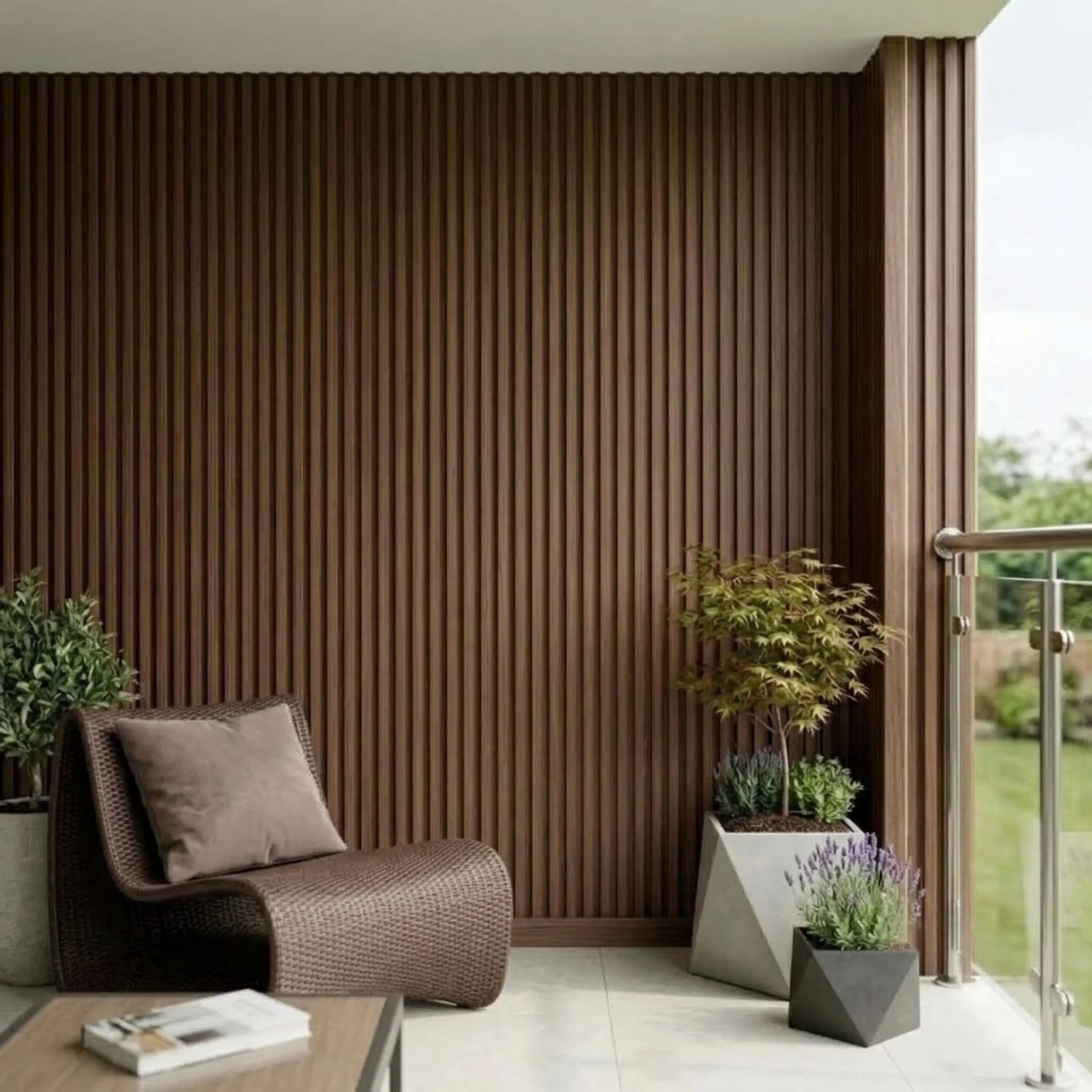 Dark oak WPC wall panels installed on a living room feature wall – Solid Furniture UK