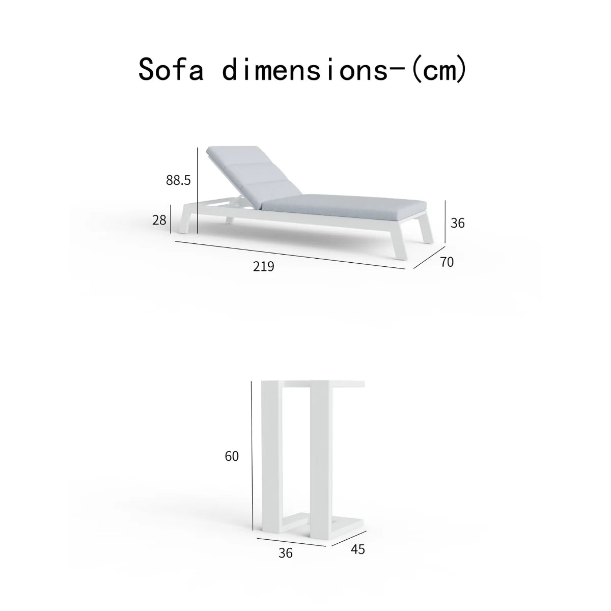 Dimension guide showing measurements of Dasia sun lounger and side table for UK outdoor spaces from Solid Furniture UK