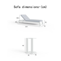 Dimension guide showing measurements of Dasia sun lounger and side table for UK outdoor spaces from Solid Furniture UK