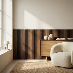 Solid Furniture UK Deep Oak half wall panels fitted in a living room