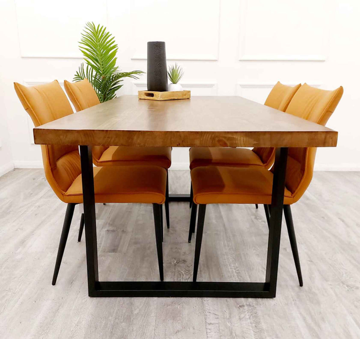 Freya Pine Wood Dining Table with Flora Tan Chairs SOLID FURNITURE