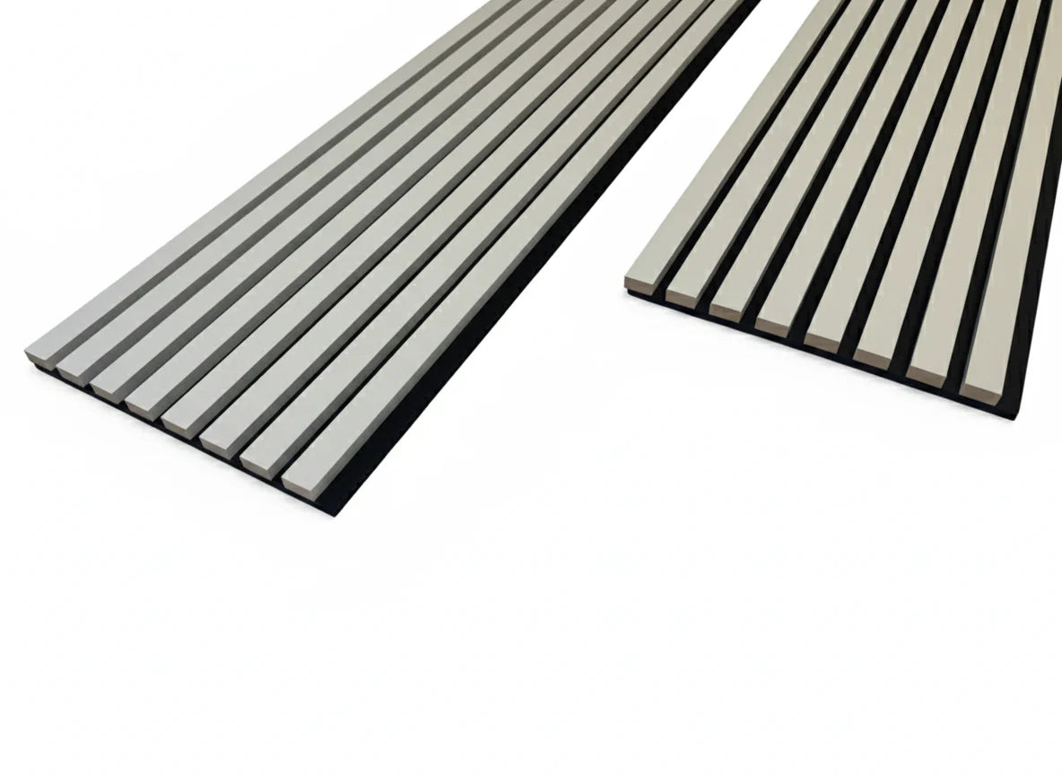 Side view of dove grey 3-sided acoustic slat wall panel 32 x 240 cm showing slat depth spacing and felt backing solid furniture UK