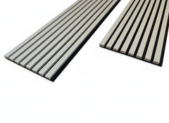 Side view of dove grey 3-sided acoustic slat wall panel 32 x 240 cm showing slat depth spacing and felt backing solid furniture UK