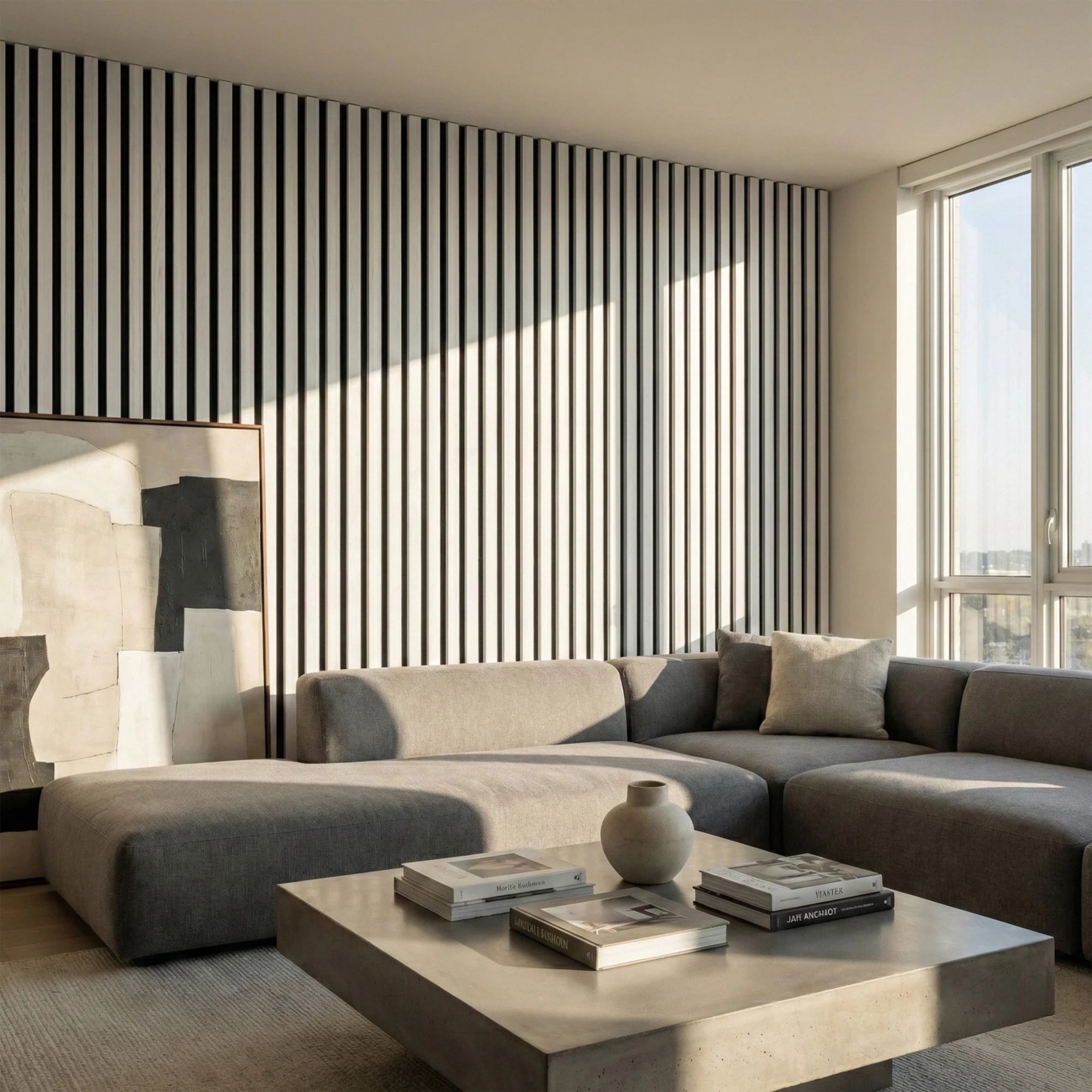 Dove grey 3-sided acoustic slat wall panels 32 x 240 cm installed in a modern living room creating a sleek contemporary feature wall solid furniture UK