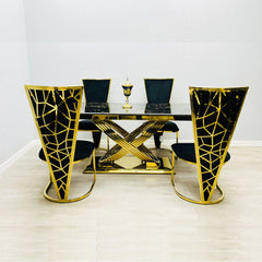 Black and gold Elina marble dining table styled with matching dining chairs, ideal for a modern luxury dining room setup. solid furniture UK
