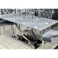 Side view of Elina grey marble dining table available in 160cm and 180cm sizes showing rectangular top and chrome base design from Solid Furniture UK
