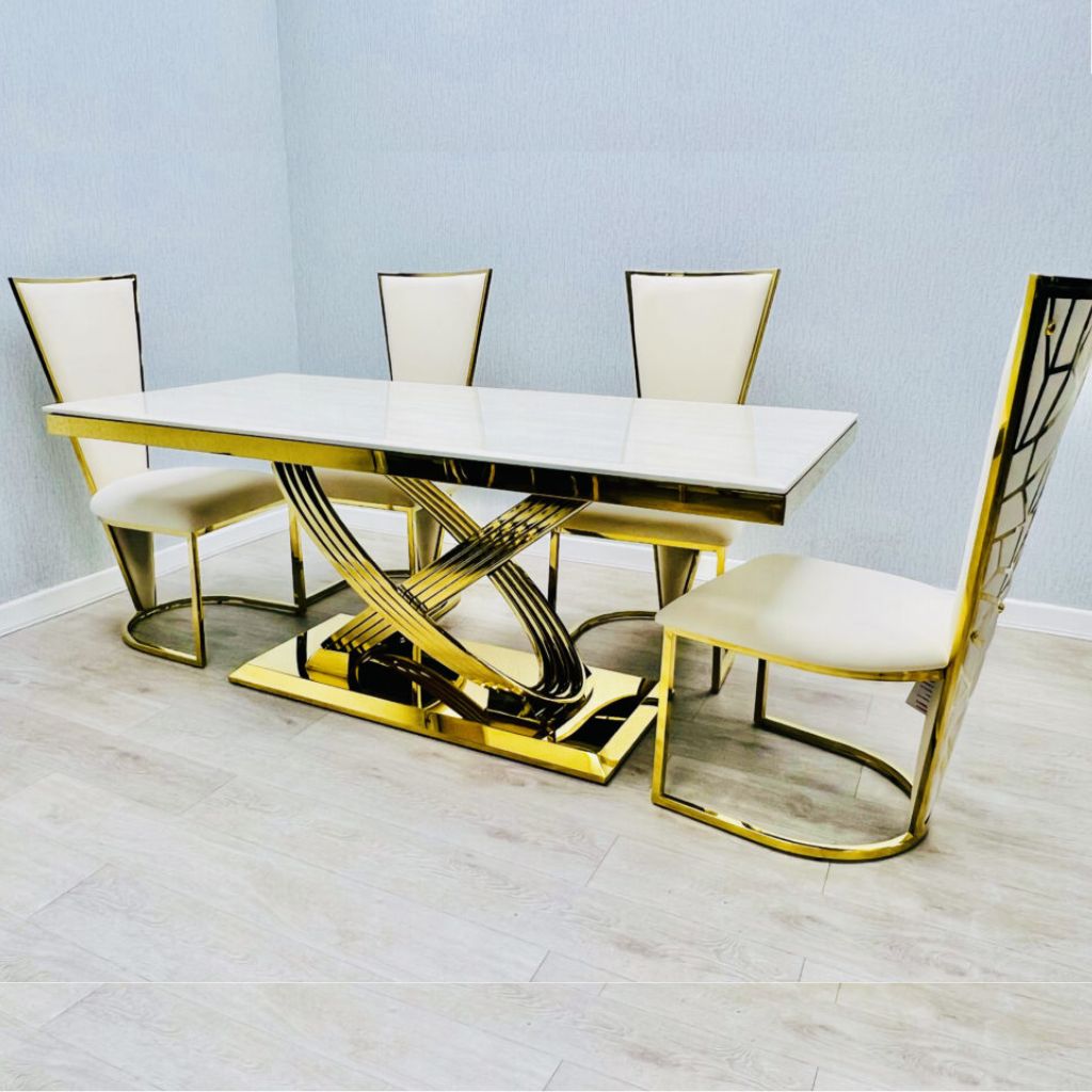 Side view of Elina white and gold dining table with chairs showing seating arrangement and refined contemporary design. solid furniture UK