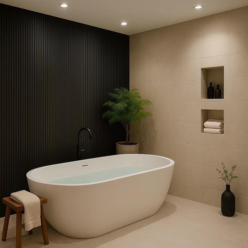 180cm exterior wall panel installed in a modern washroom, showing a clean waterproof wall cladding finish with seamless edges and contemporary design. solid furniture UK
