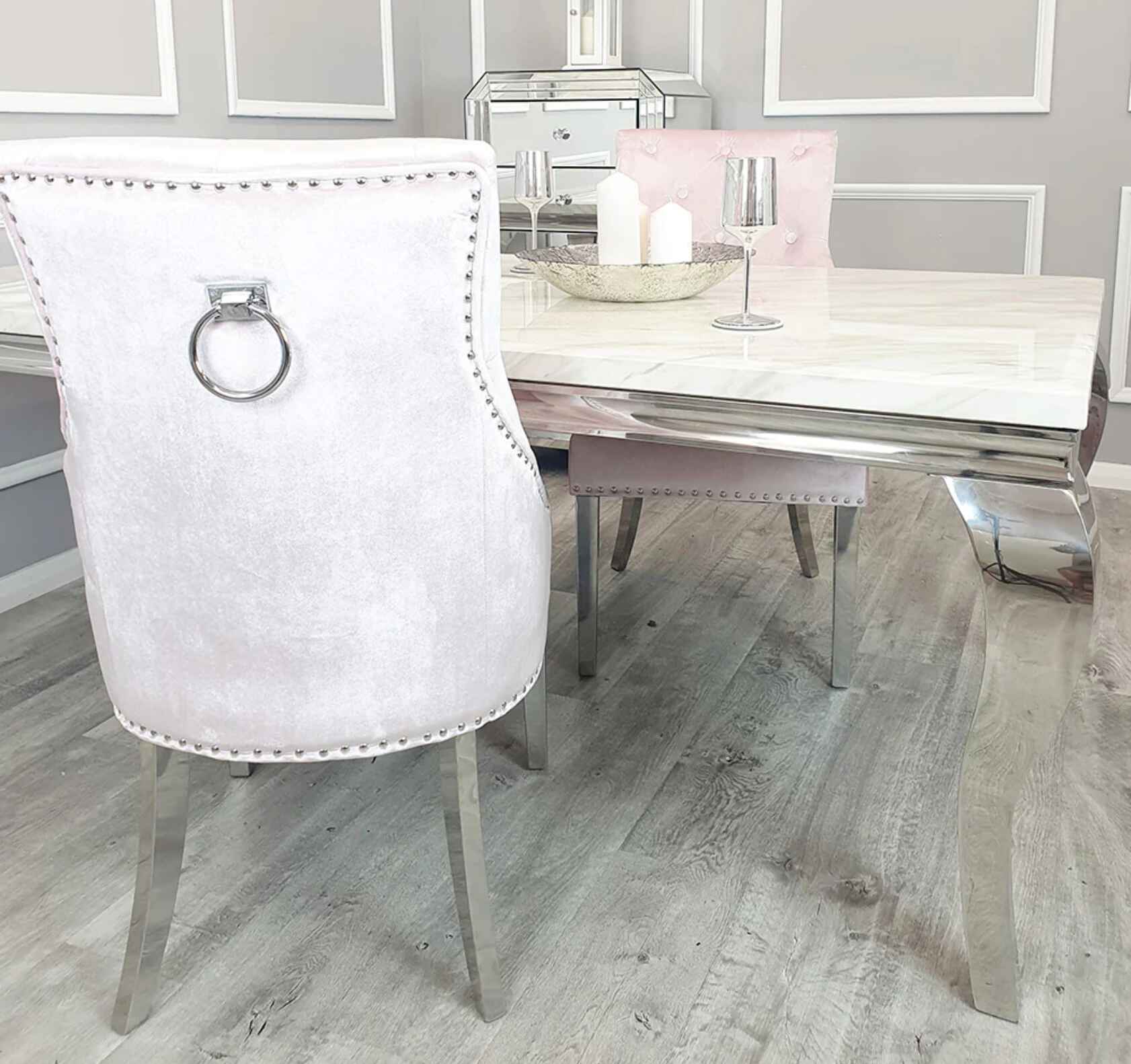 Duke Chrome Pink Velvet Dining Chairs SOLID FURNITURE