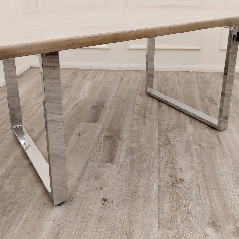Side view of Freya 1.8m pine wood dining table UK from Solid Furniture UK showing solid wood thickness and modern chrome metal legs design