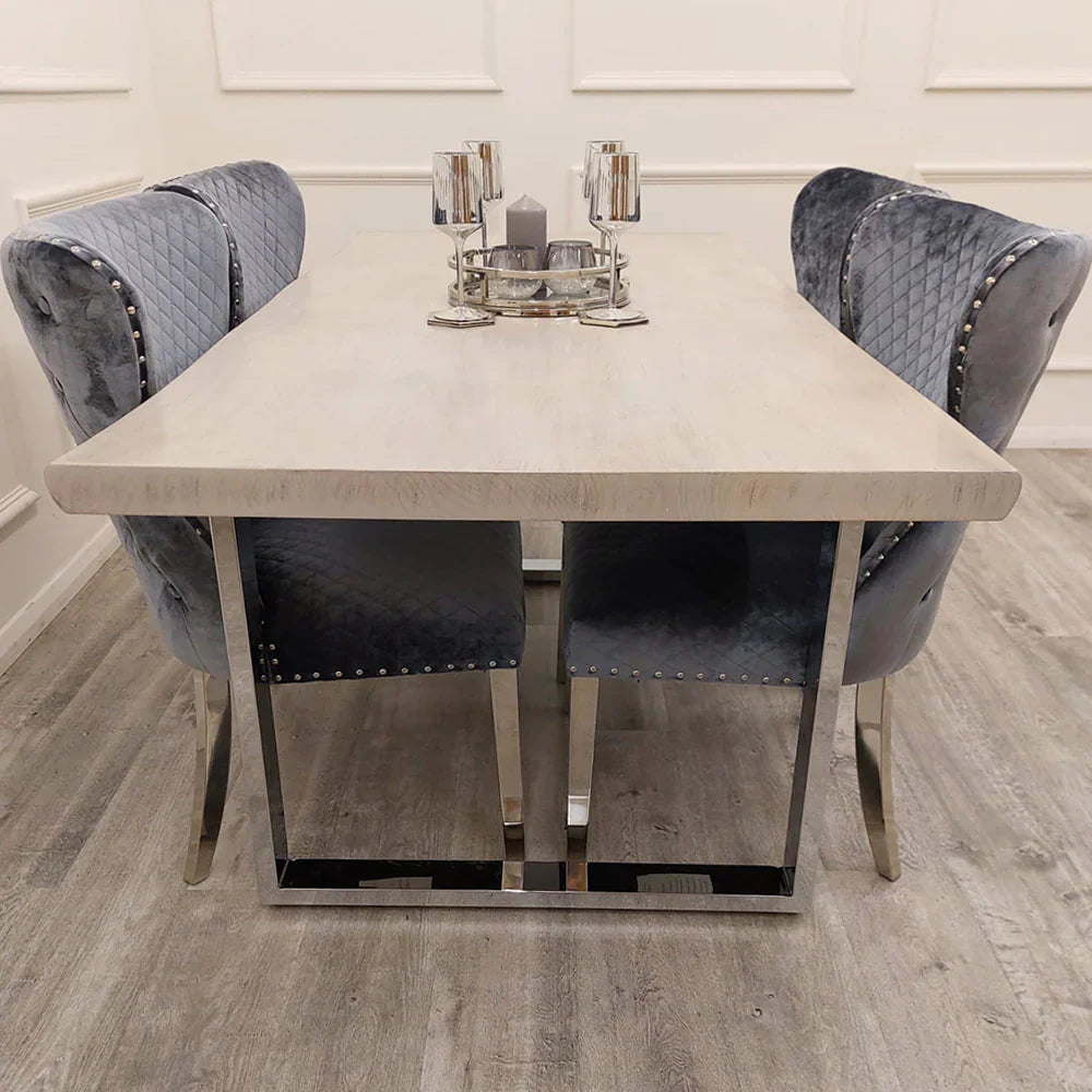 Freya pine wood dining set with grey Valentino velvet chairs main view by Solid Furniture UK