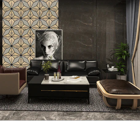 Premium geometric gold glitter acoustic wall panel installed on a modern interior wall