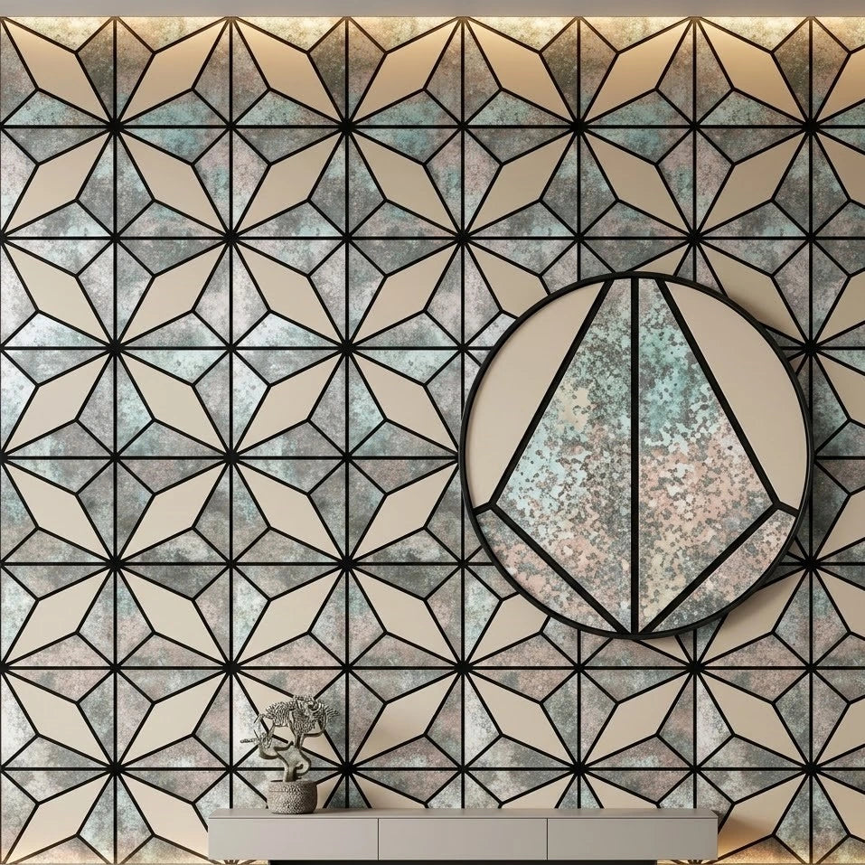 Full wall installed view of premium 60x240cm geometric grey glitter acoustic wall panels by Solid Furniture LTD, creating a modern decorative finish while improving room acoustics