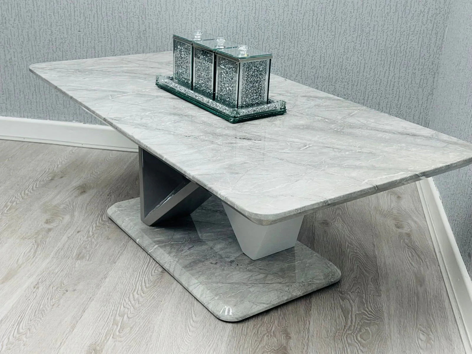 Georgia Marble Effect Dining Table side view showing 160cm length, sturdy legs, and contemporary design for modern UK dining spaces from Solid Furniture UK