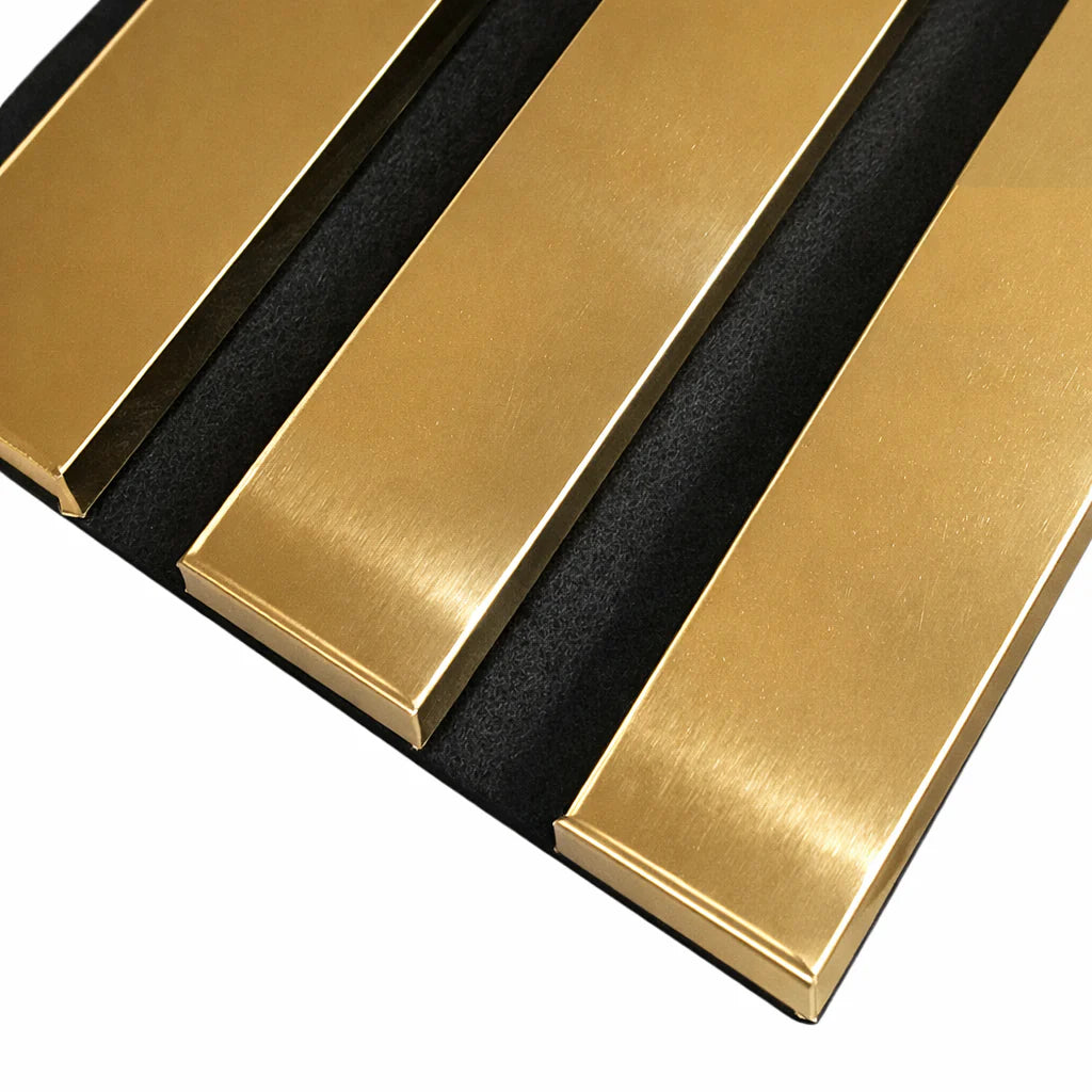 Close-up of gold 3-sided acoustic slat wall panel 32 x 240 cm highlighting slat texture, spacing, and acoustic felt backing. solid furniture UK
