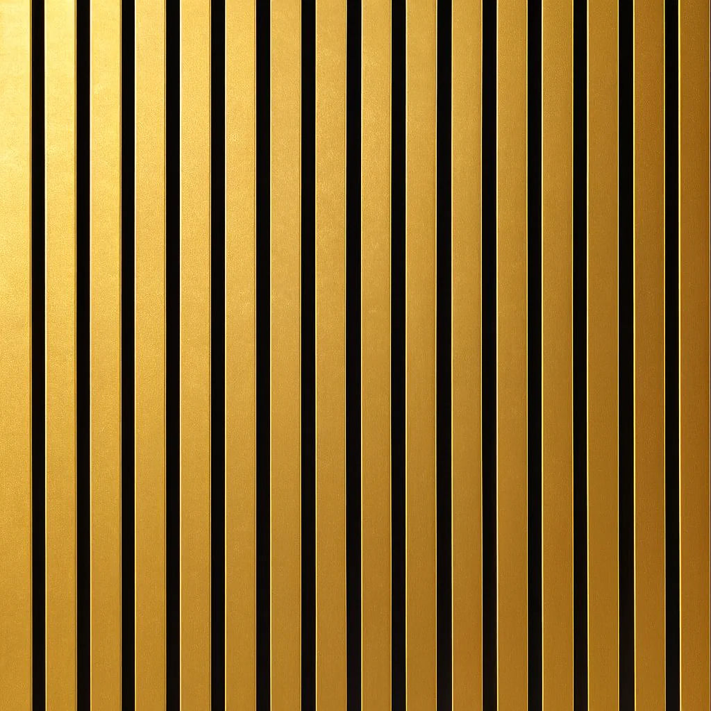 Front main view of gold 3-sided acoustic slat wall panel 32 x 240 cm showing sleek vertical slats with metallic gold finish and contemporary design solid furniture UK