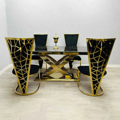 Gold and black Elina marble dining table with Vienna dining chairs, modern luxury dining set for 6–8 people with elegant pedestal base and upholstered seating. solid furniture UK