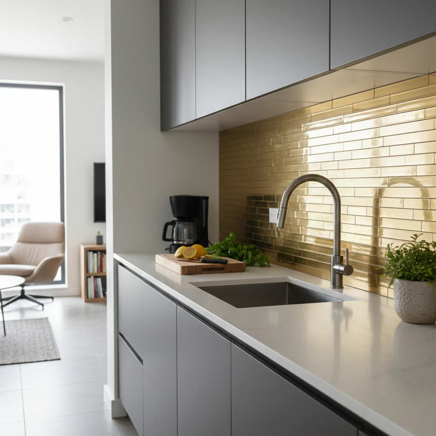 Gold Brick Mosaic Wall Tiles (30x30cm) by Solid Furniture LTD installed as a sleek, self-adhesive kitchen backsplash with a luxurious finish.