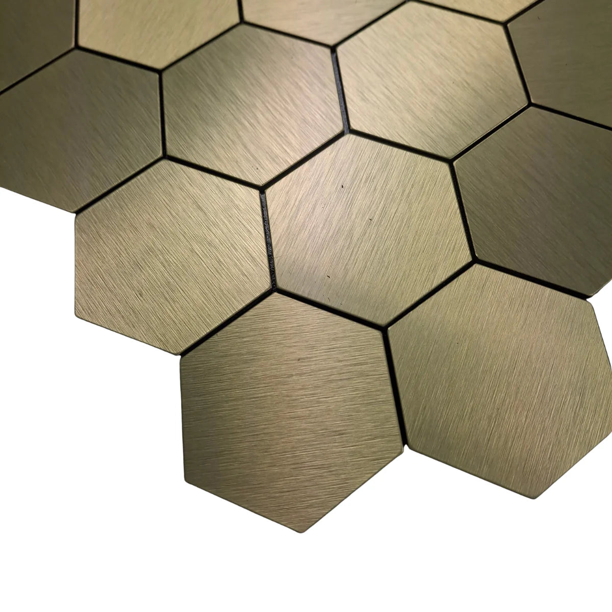Close-up of gold hexagon mosaic wall tiles 30 x 30cm pack of 10 by Solid Furniture LTD highlighting texture, shine, and pattern