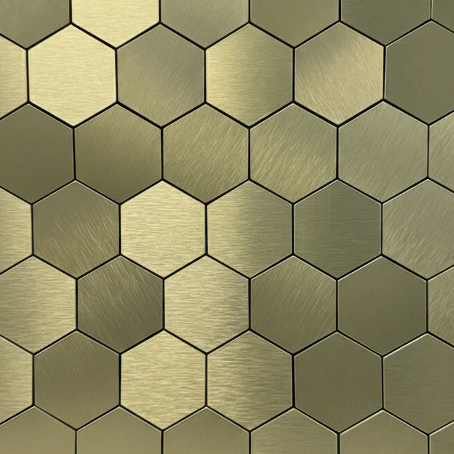 Full wall view of gold hexagon mosaic wall tiles 30 x 30cm pack of 10 by Solid Furniture LTD installed for a seamless feature wall